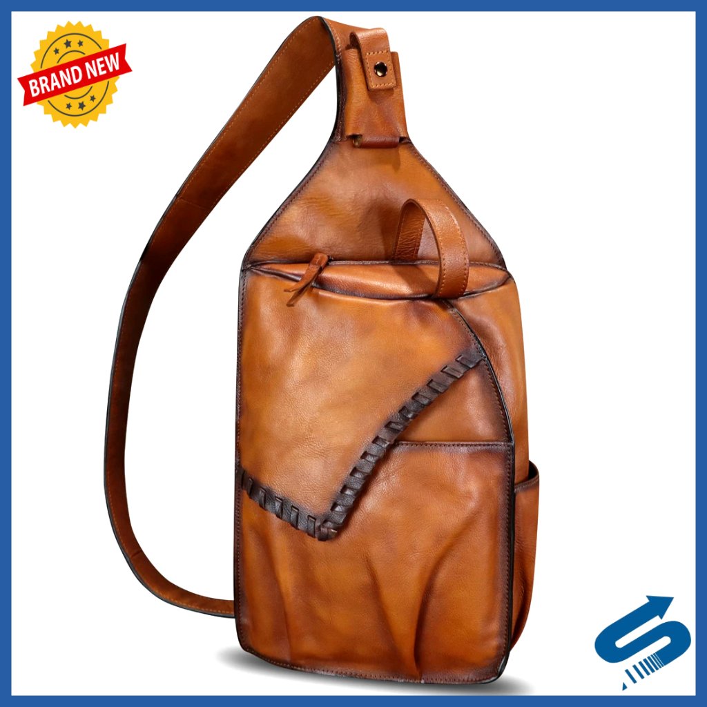 Genuine Leather Crossbody Backpack Daypack Adjustable Strap 6 Pockets